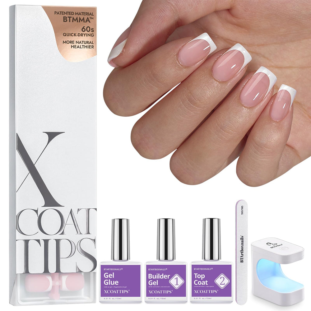 BTArtboxnails XCOATTIPS gel nail kit packaging shows an all-in-one at-home solution for French tips.