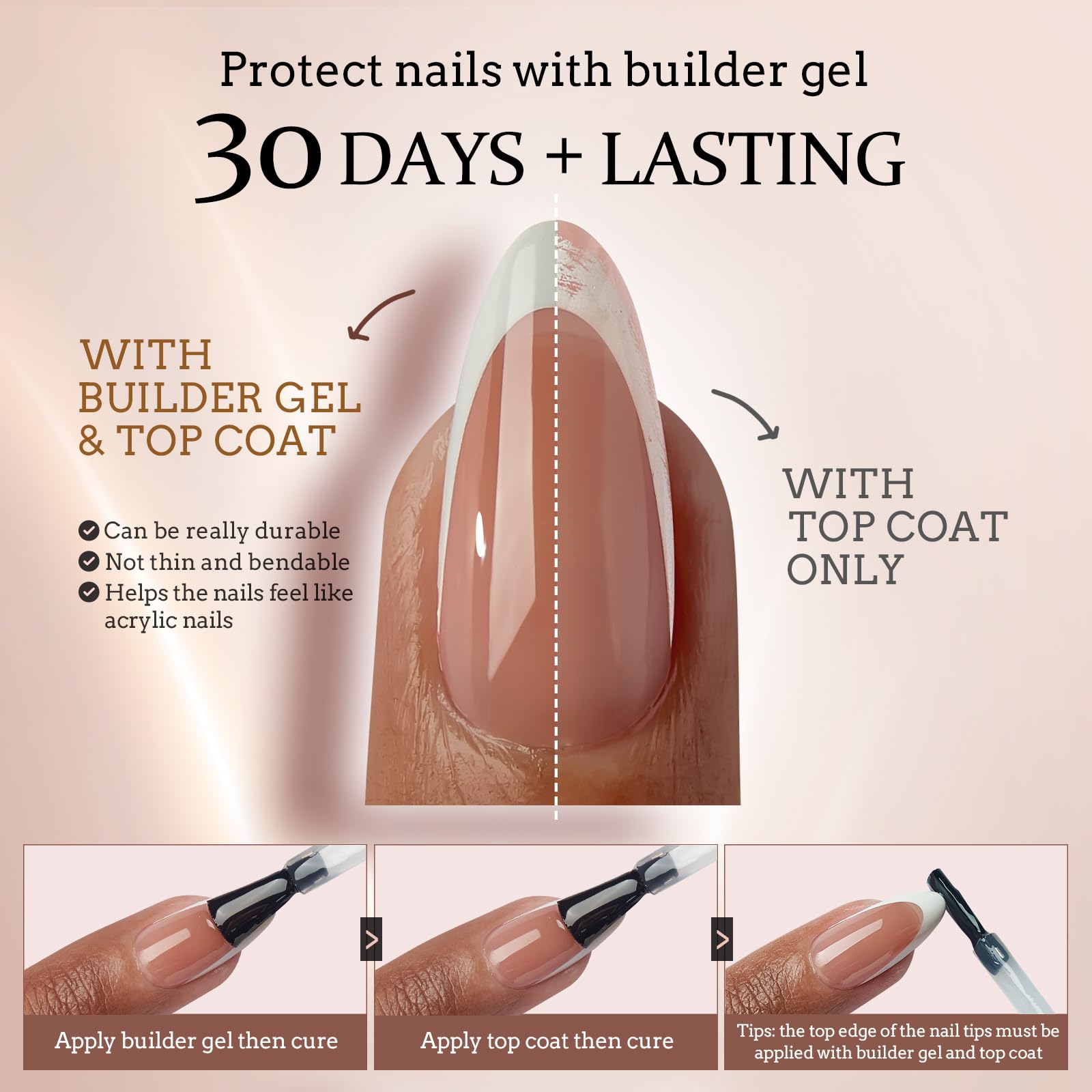 Brown french tips with XCOATTIPS tech for reliable gel curing