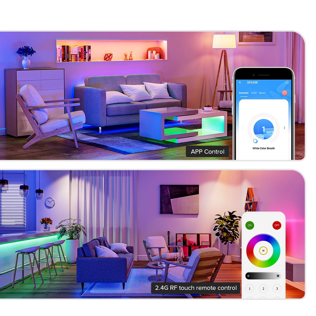 BTF-LIGHTING SP630E 4-zone setup showing synchronized effects for ambient lighting