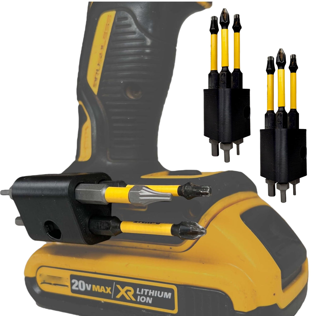 BT//FX drill bit holder mounted on a DeWalt drill side-mount for fast bit changes