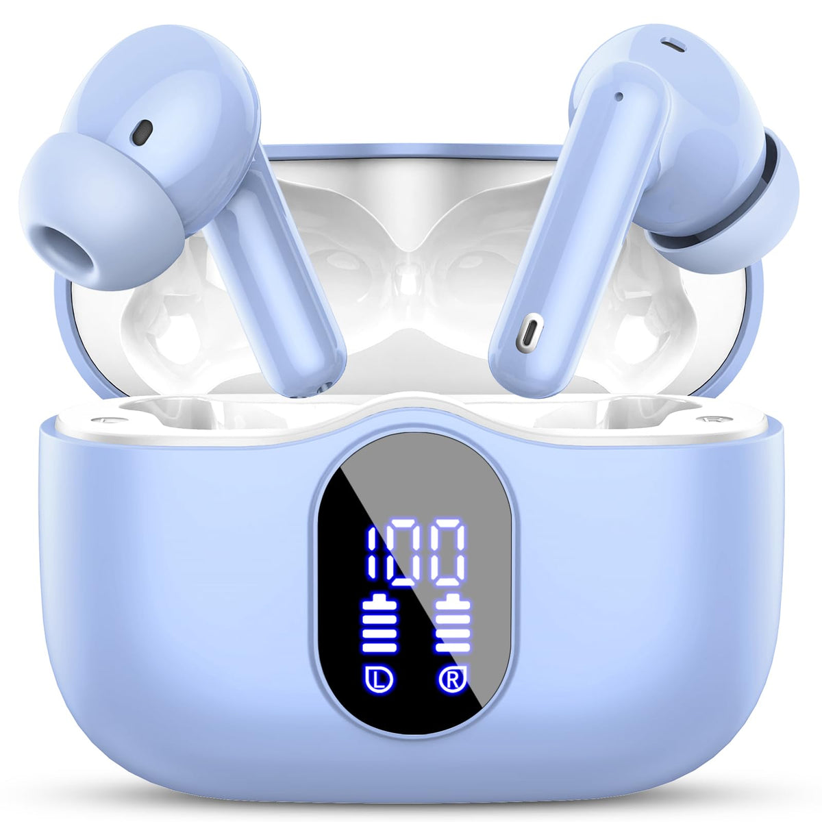 Btootos wireless earbuds with pale blue case for daily listening and portability.