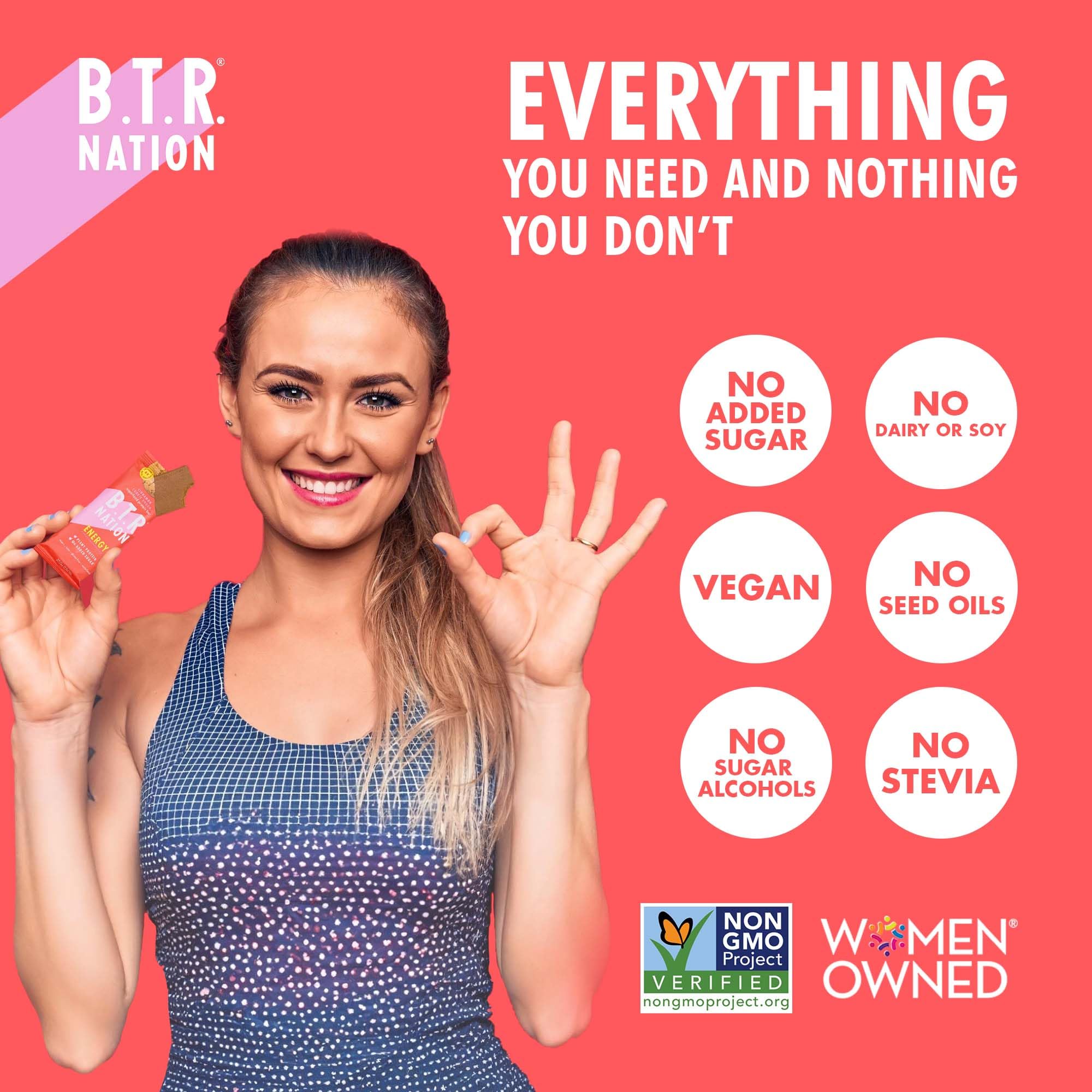 B.T.R. Nation Cinnamon Cookie Dough branding with logo signals trusted vegan snacking