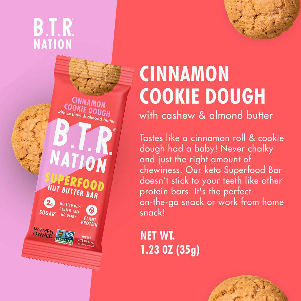 B.T.R. Nation Cinnamon Cookie Dough ingredients layout featuring maca and vegan superfoods