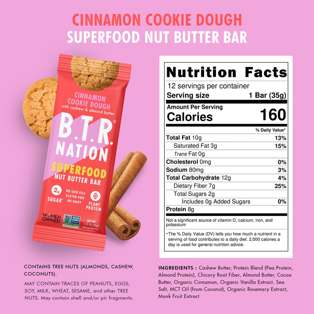B.T.R. Nation Cinnamon Cookie Dough bar texture close-up showing chewy bite for on-the-go fueling