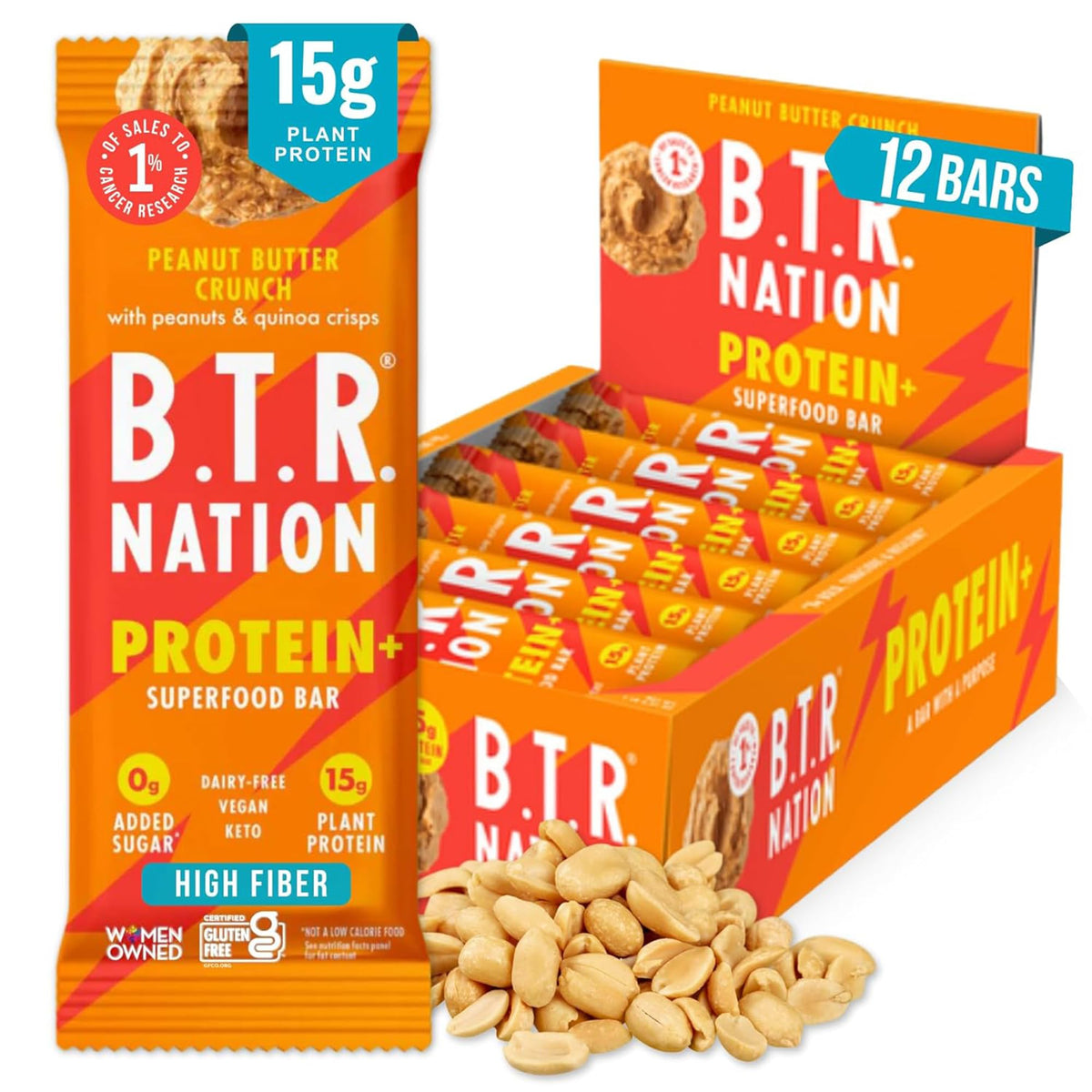 B.T.R Nation Peanut Butter Crunch Bar close-up with quinoa crisps and protein boost