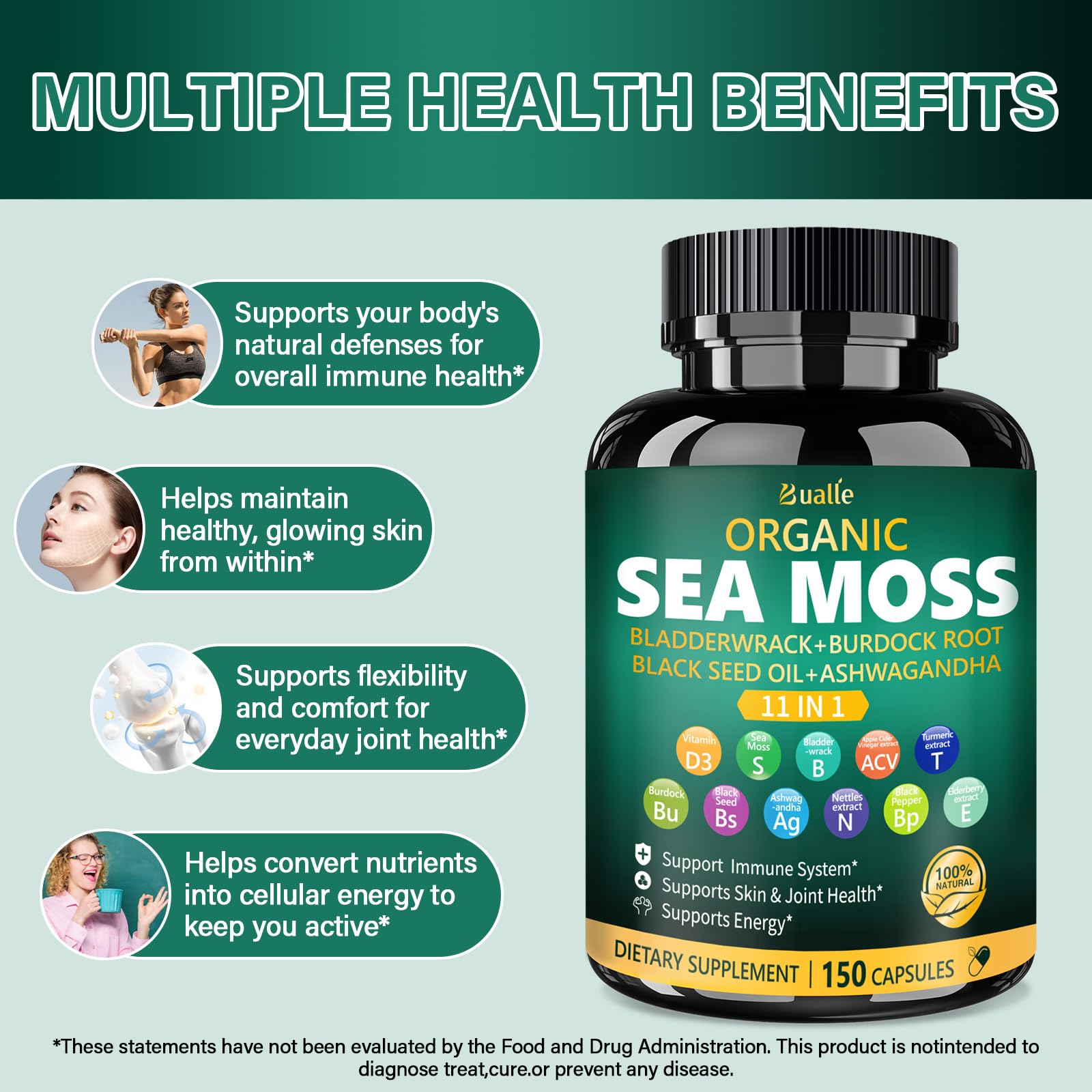 Bualle ashwagandha capsules label offering calm daytime focus.