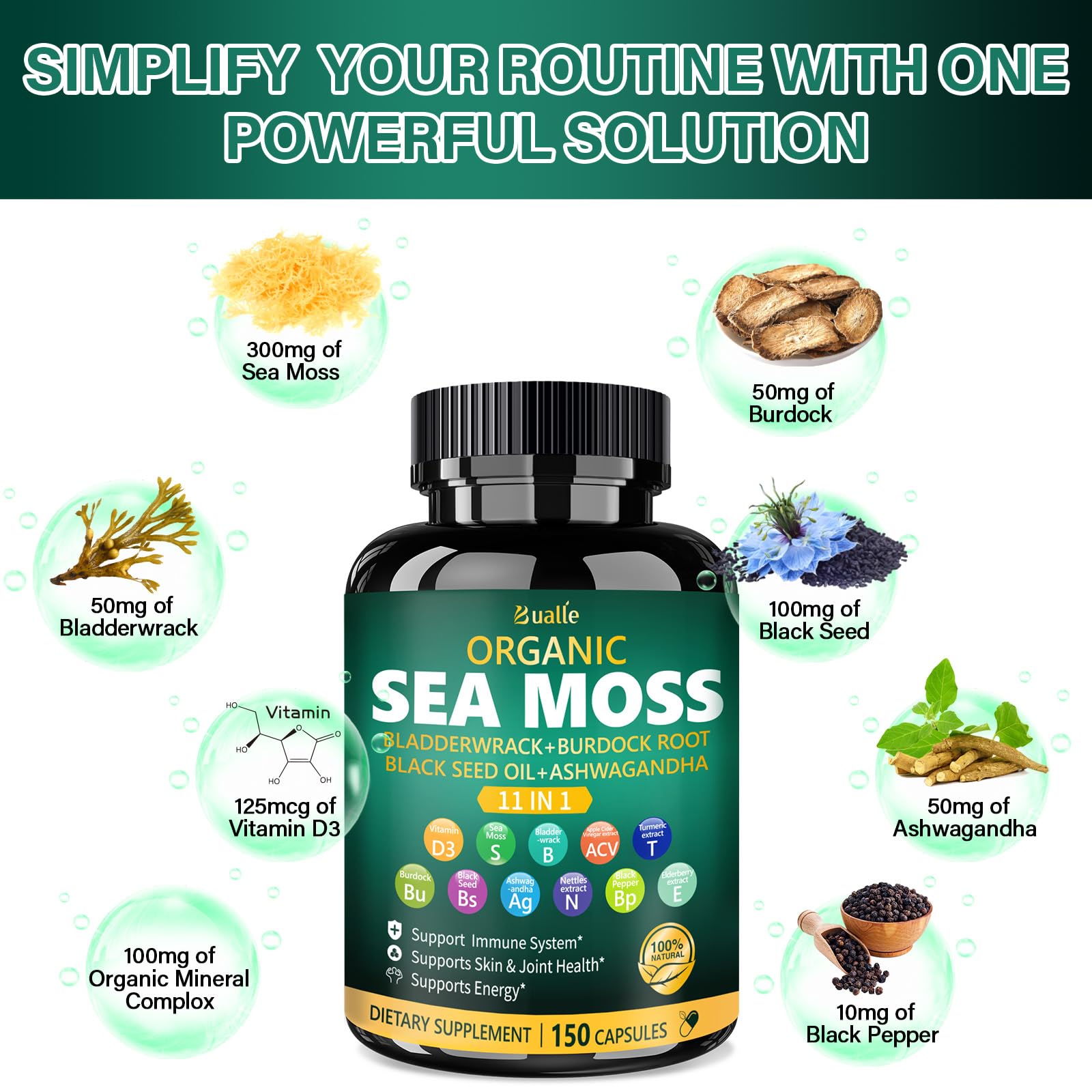 Bualle black seed oil capsules pack for energy support.