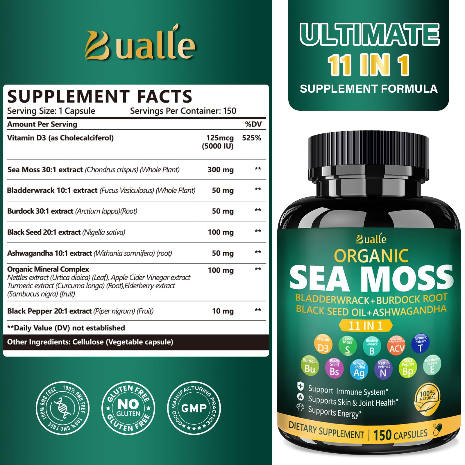 Bualle sea moss capsules being poured for easy daily use.