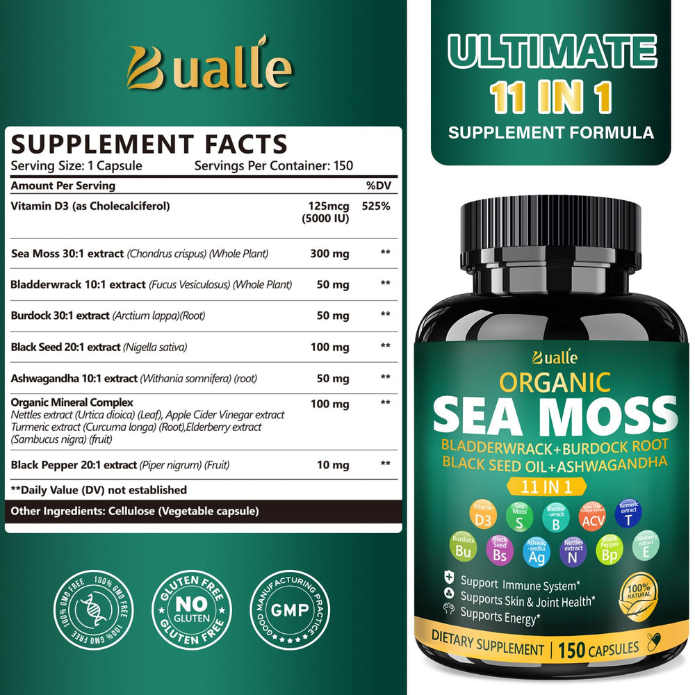 Bualle sea moss capsules being poured for easy daily use.