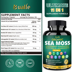Bualle sea moss capsules being poured for easy daily use.