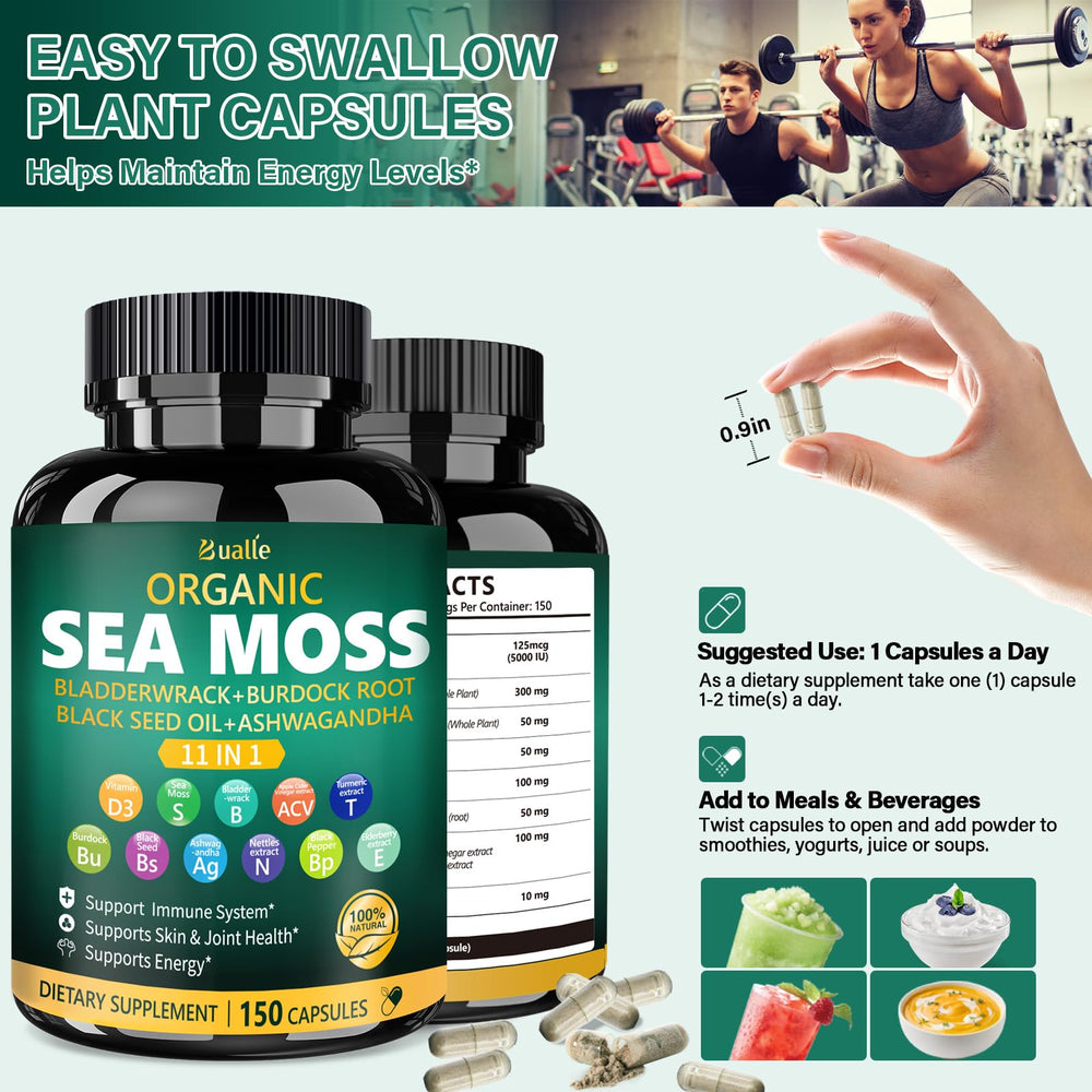 Bualle bottle with vitamin D3 and sea moss ingredients panel.