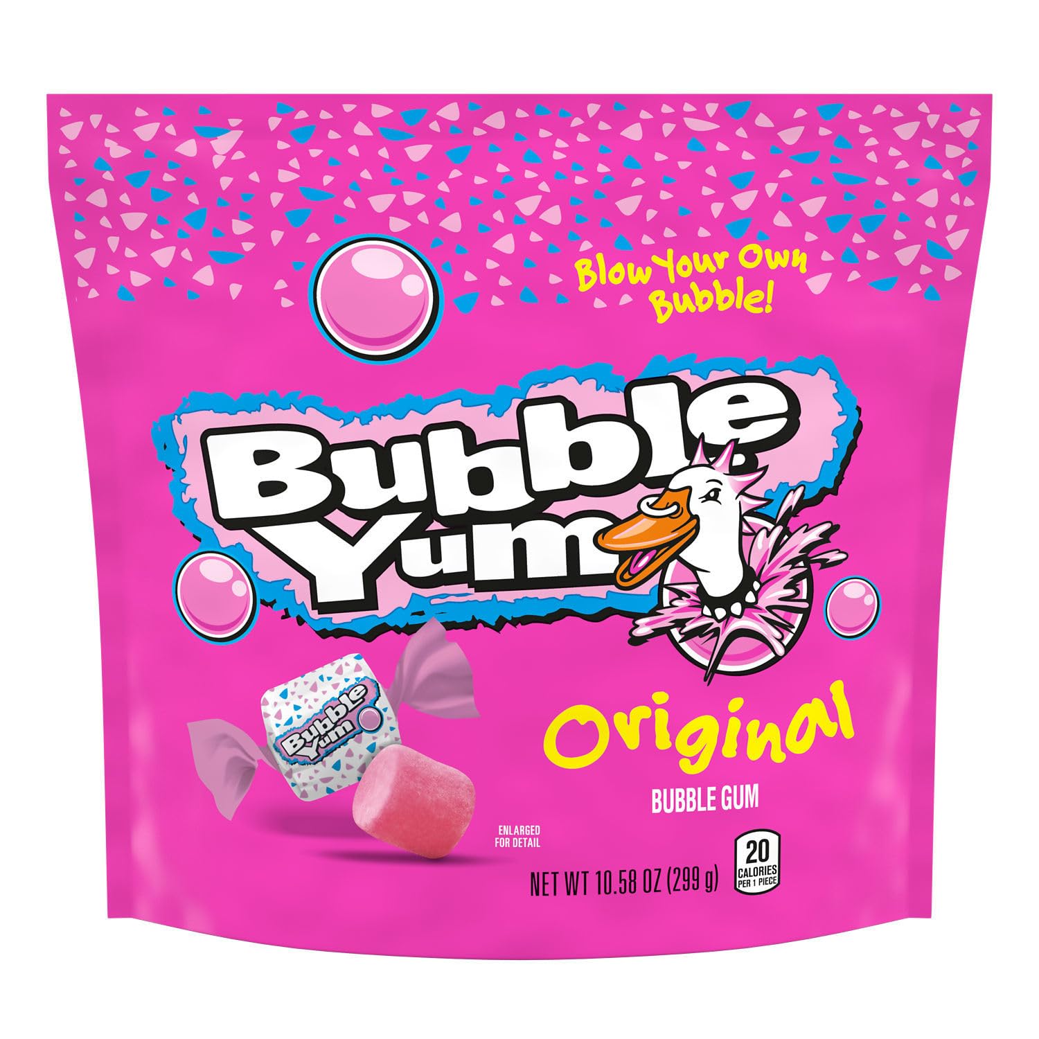 Stand-up pouch keeps Bubble Yum Original fresh and easy to grab