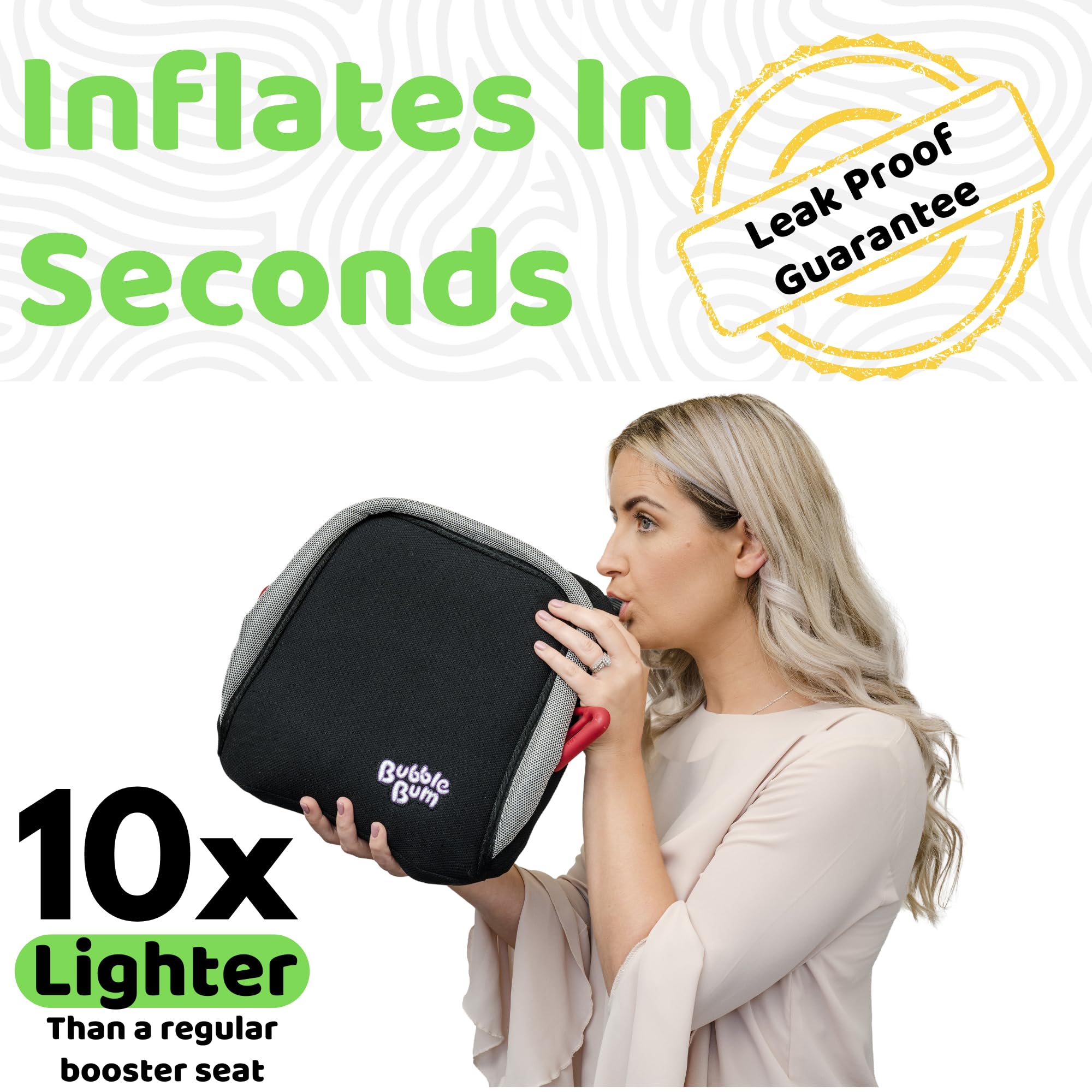 BubbleBum backless booster seat in a car, ideal for rideshares.