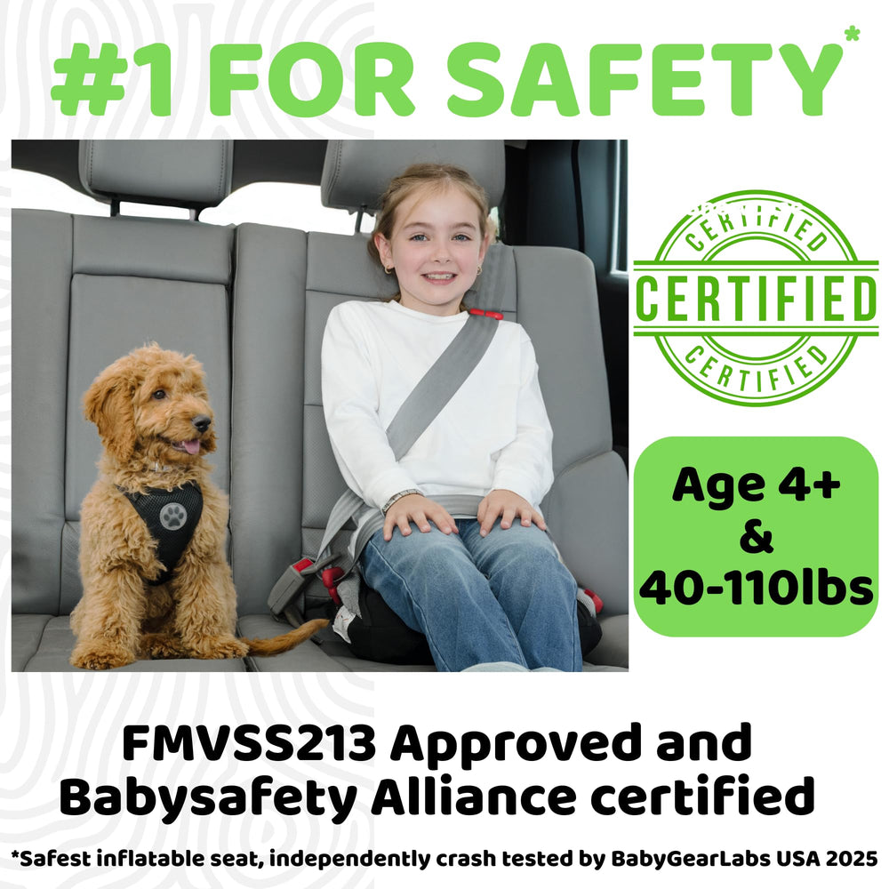 BubbleBum booster seat crash-tested for added in-car safety during trips.