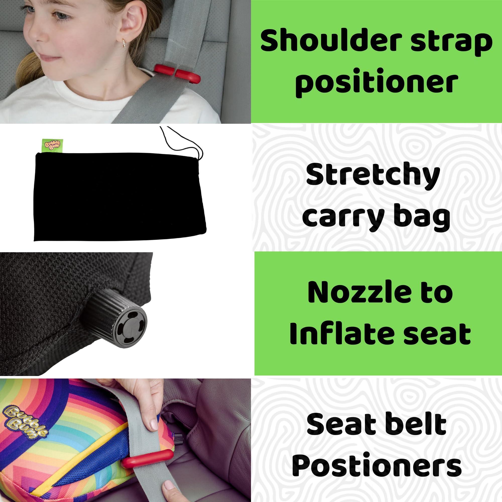 BubbleBum inflatable cushion provides soft, comfortable ride on long journeys.