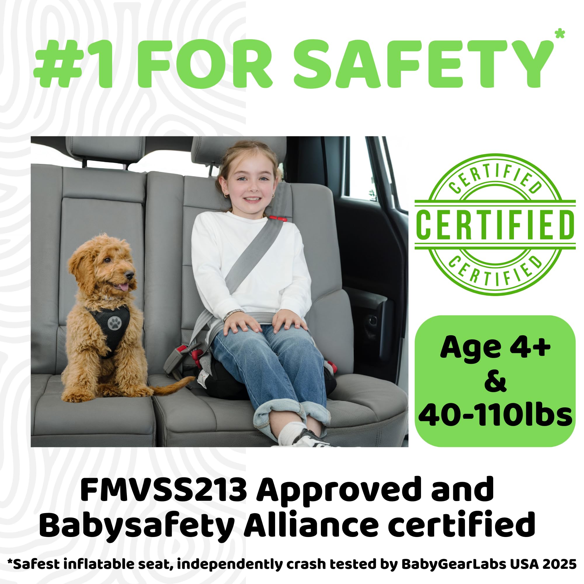 BubbleBum crash-tested booster seat with safety certification label.