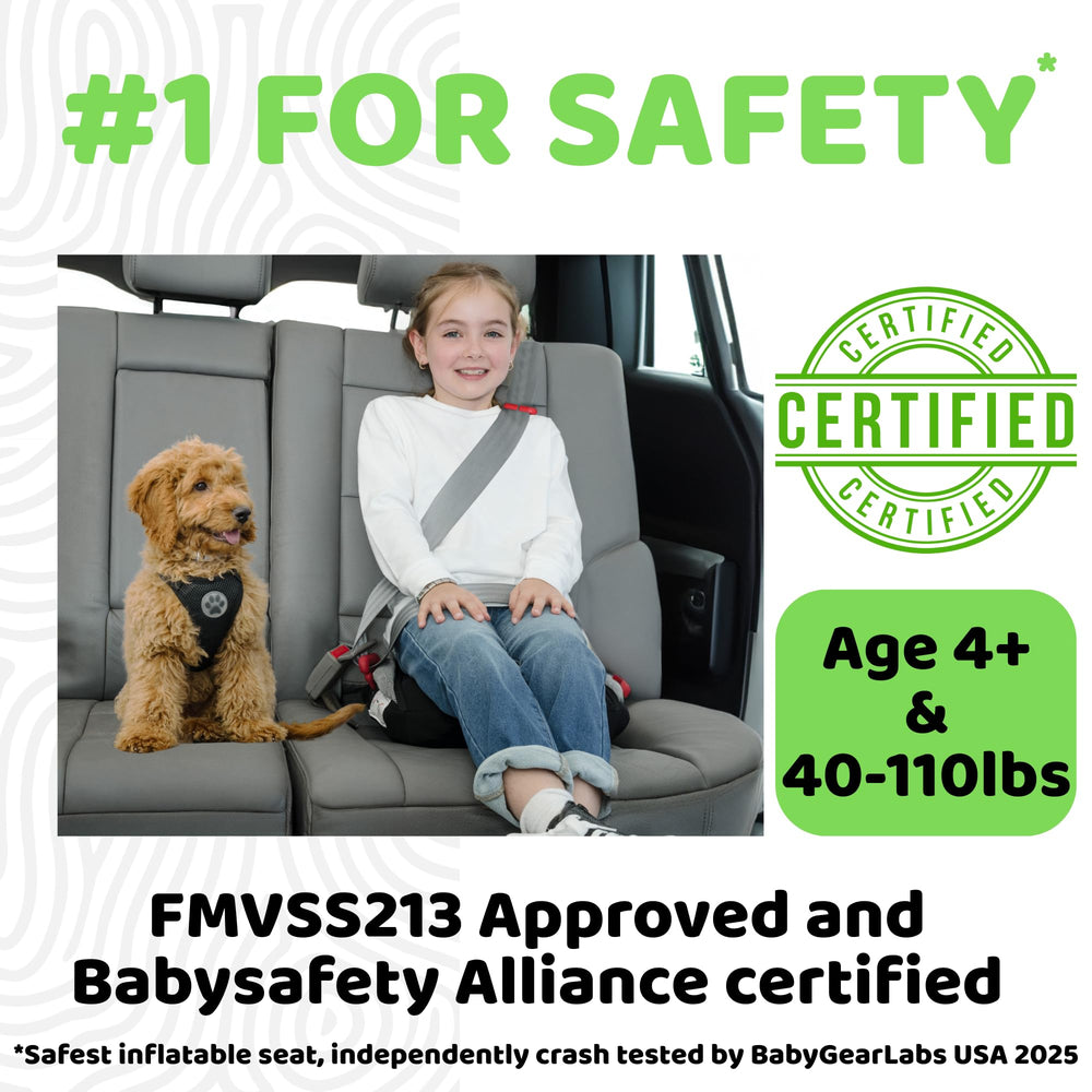 BubbleBum crash-tested booster seat with safety certification label.