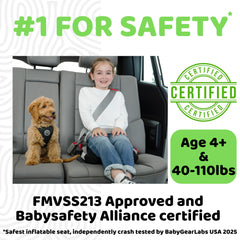 BubbleBum crash-tested booster seat with safety certification label.