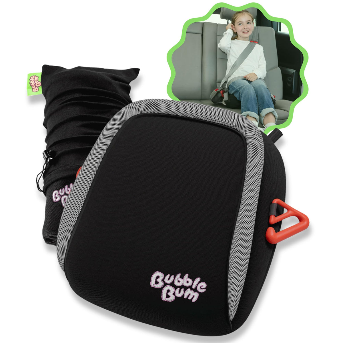 BubbleBum inflatable booster seat folded compactly in a backpack for travel.