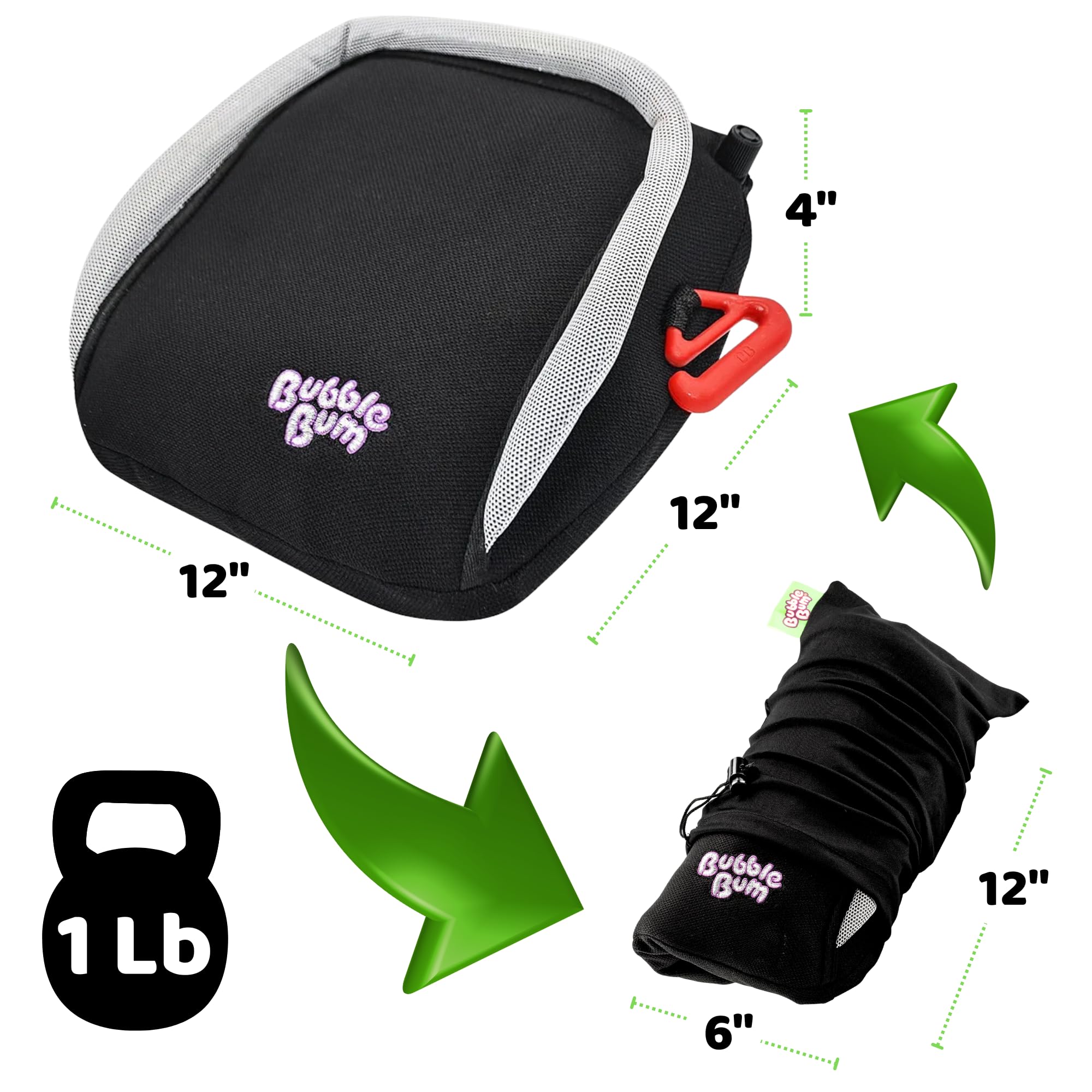 BubbleBum slim profile fits three across in a small car.