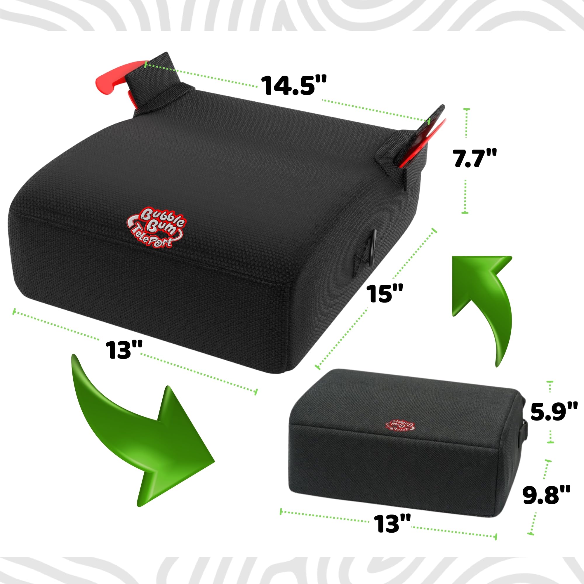 BubbleBum Teleport abdominal shield positioned low for secure belt fit