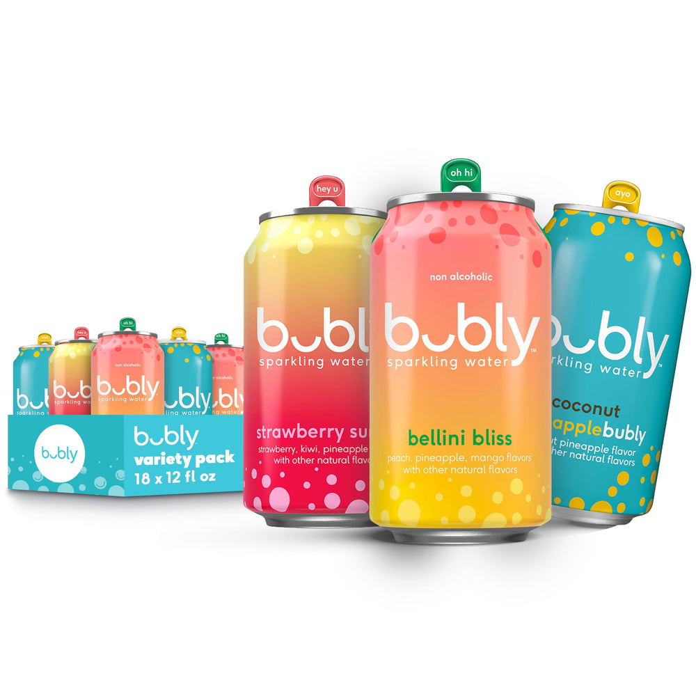 Bubly Bellini Bliss cans in a bright display showing zero sugar and zero calories.