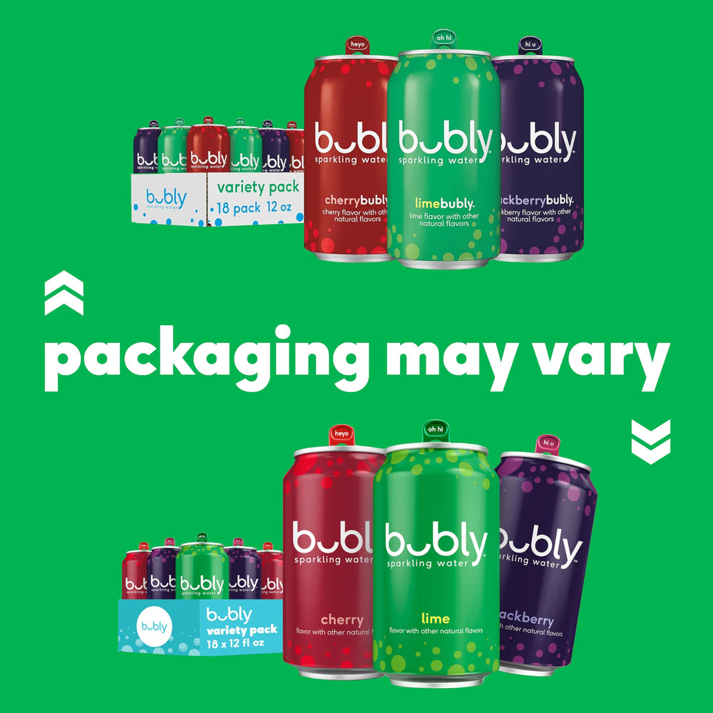 Bubly blackberry 12oz can with fizz illustrating bold berry flavor and lively bubbles