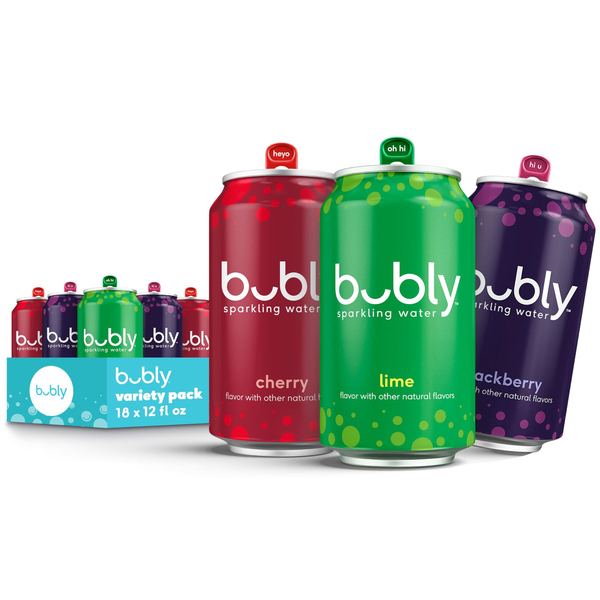 Bubly variety pack of 18 cans on table featuring lime, cherry, and blackberry flavors for quick selection
