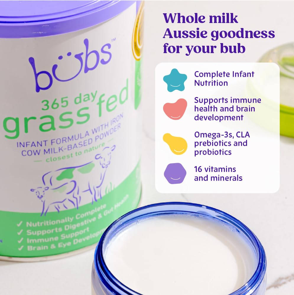 Bubs formula closeup highlighting non-GMO purity for infant nourishment