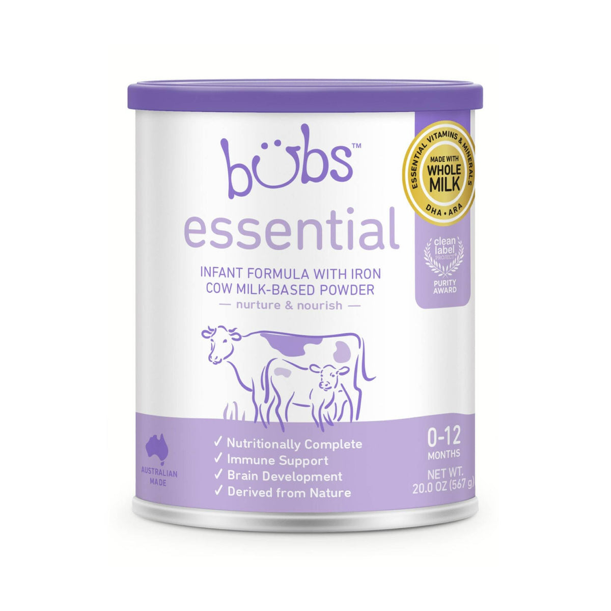 Bubs Essential Infant Formula canister front with clean label nutrition