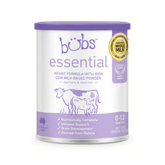 Bubs Essential Infant Formula canister front with clean label nutrition