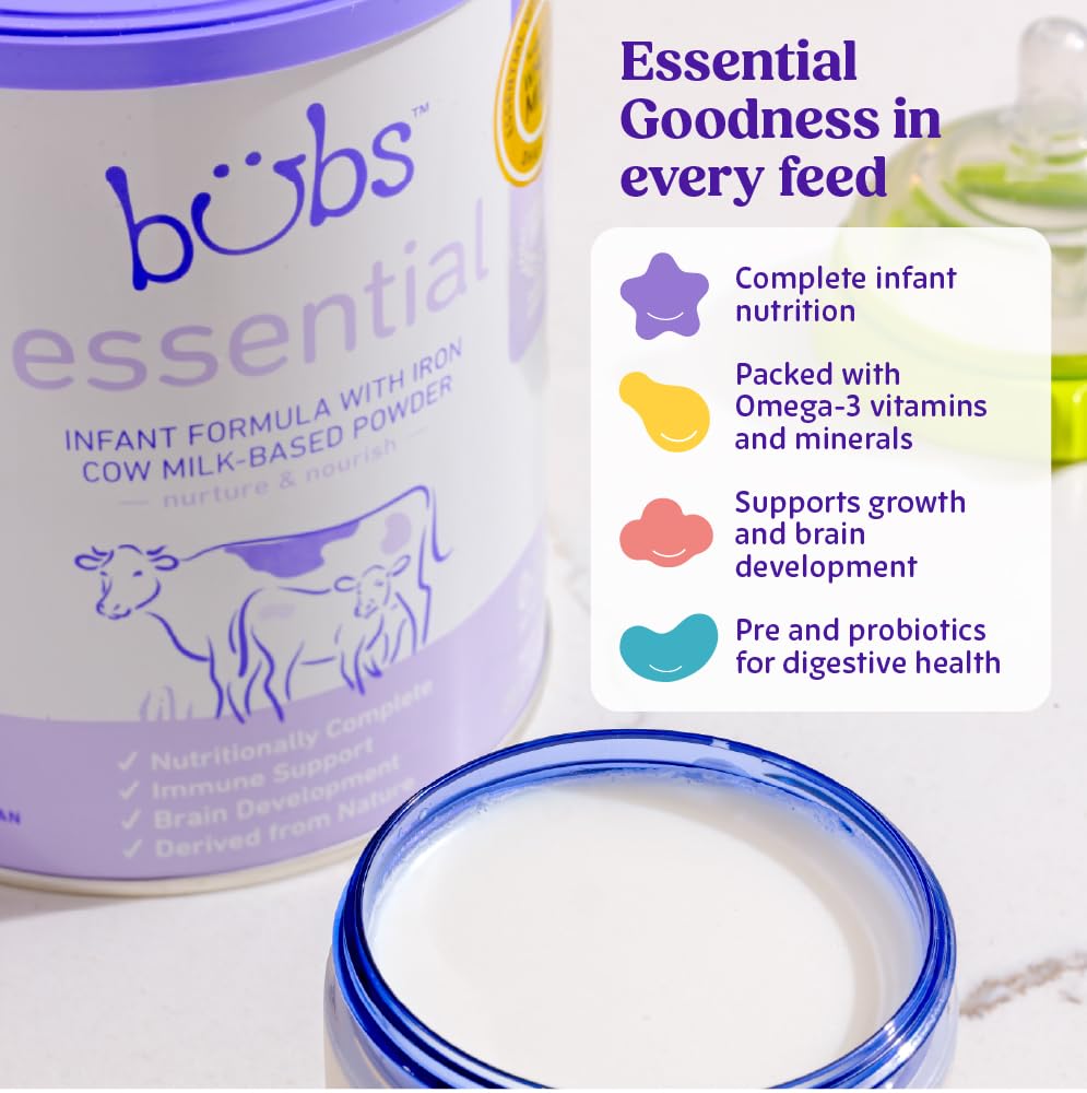 Bubs Essential prepared bottle demonstrating convenient feeding on the go