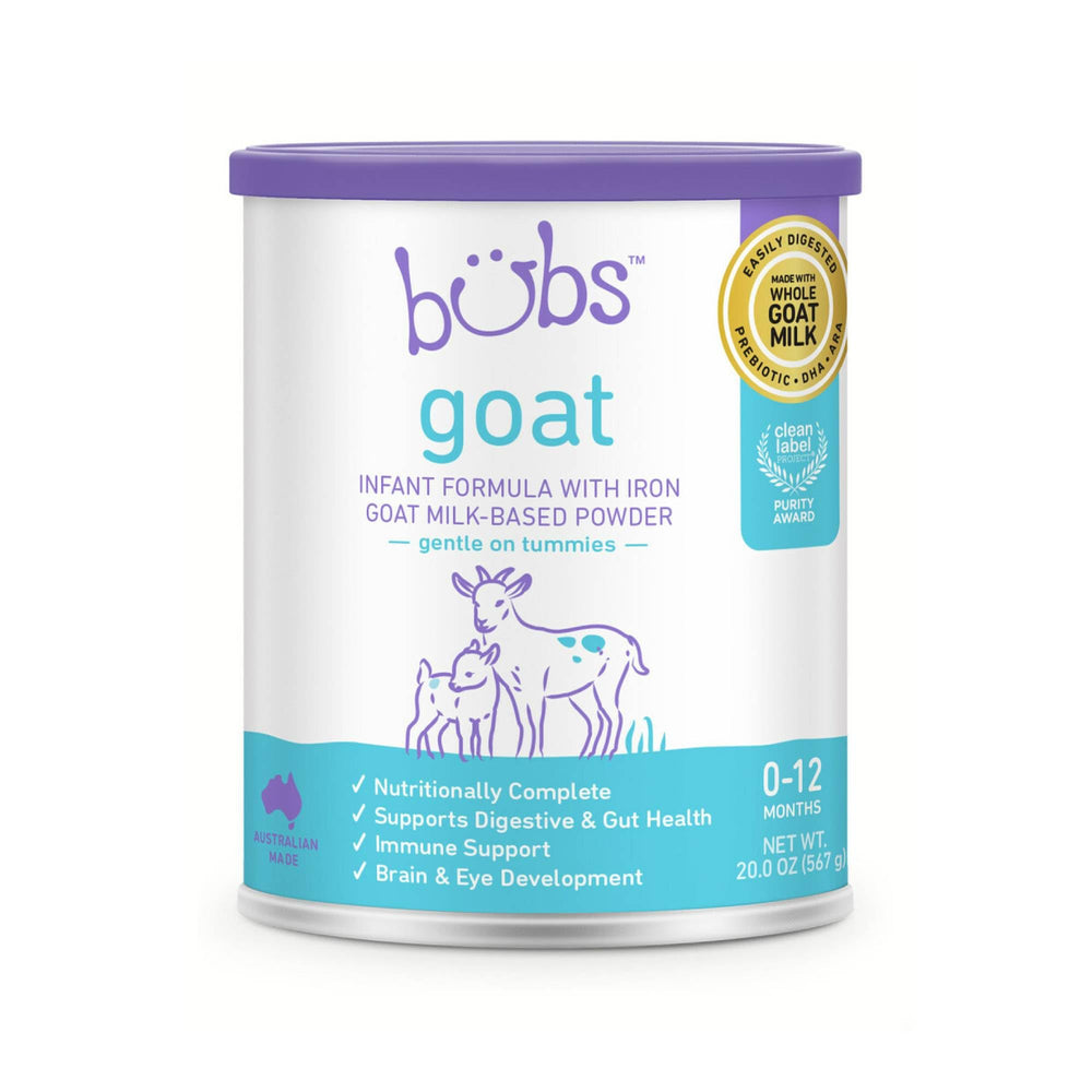 Bubs goat milk formula can closed, premium packaging visible for freshness.