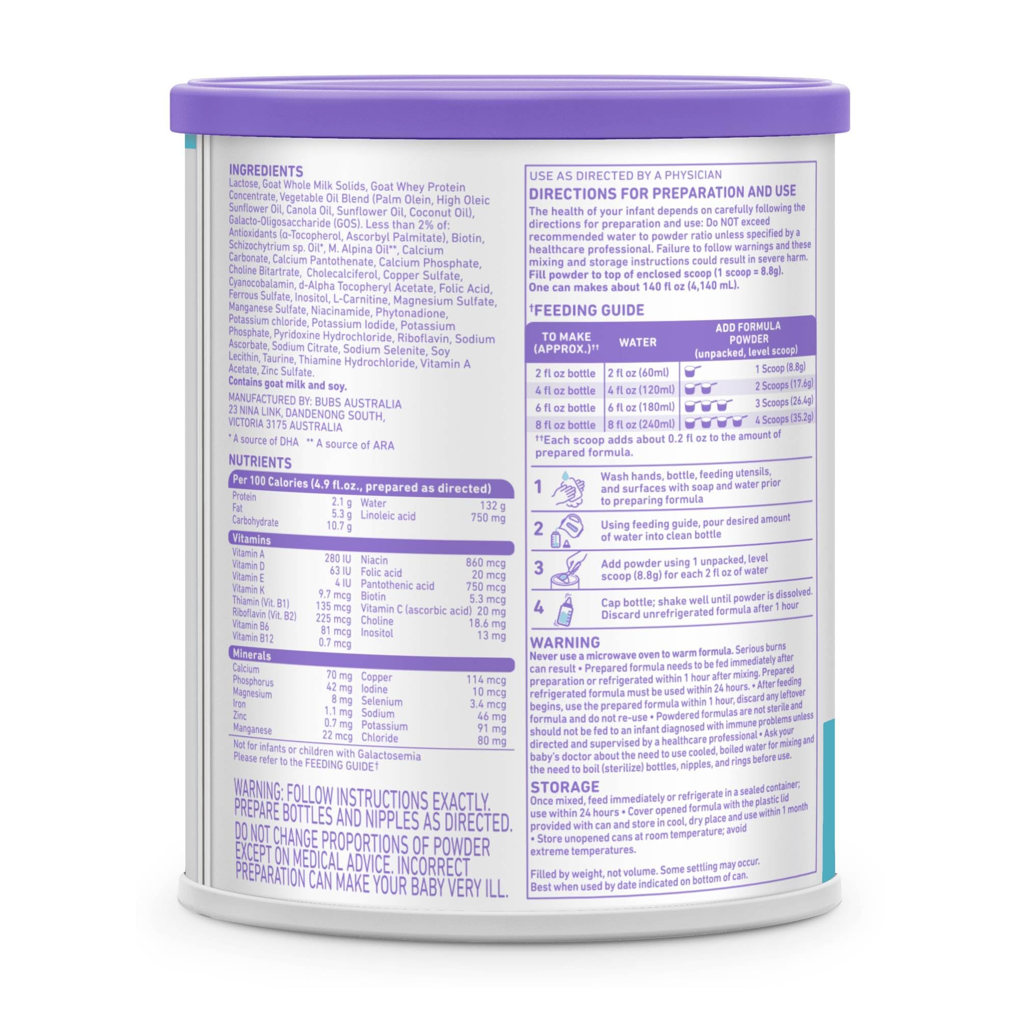 Bubs storage container with lid, keeping formula fresh.