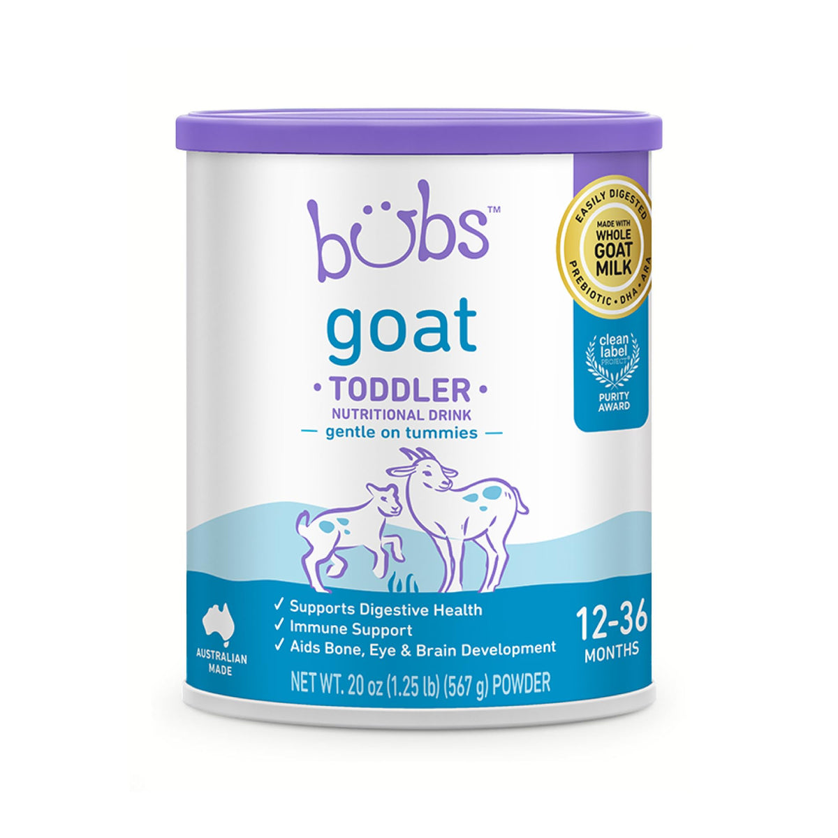 Bubs Goat Toddler Nutritional Drink bottle showing gentle formula for tiny tummies