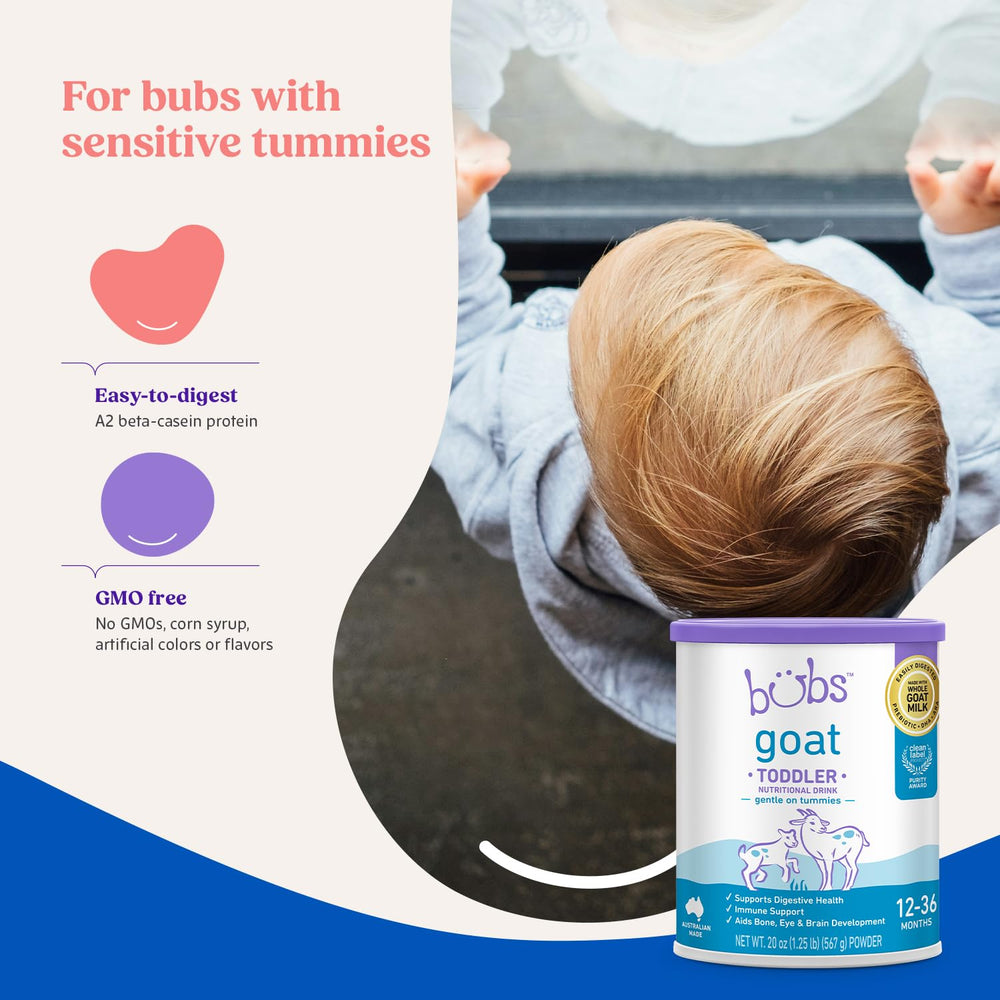 Bubs Goat Milk-Based Powder Canister highlights naturally occurring A2 protein
