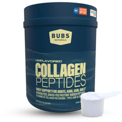 BUBS Naturals collagen peptides powder bottle on kitchen counter supports daily wellness