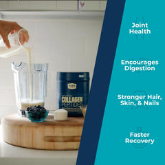 BUBS Naturals collagen peptides scoop beside shaker for easy mixing