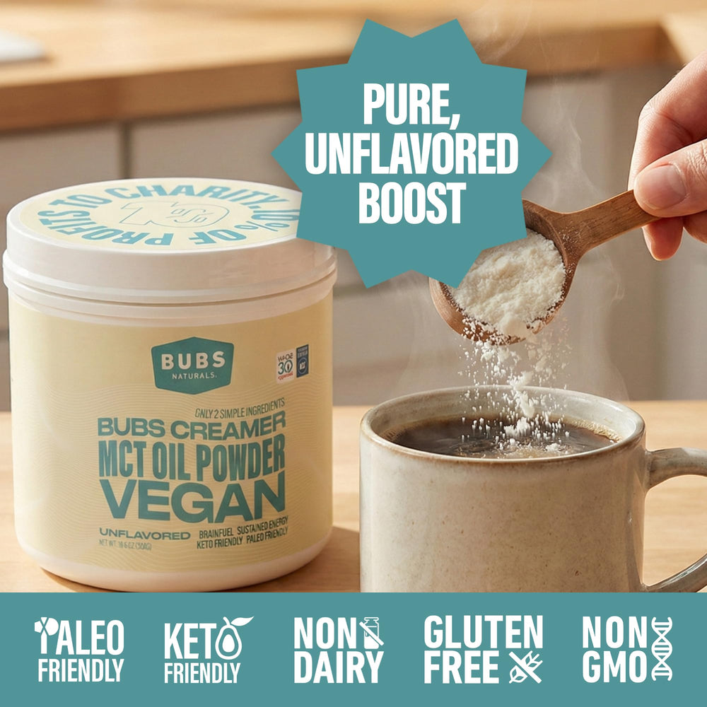 BUBS Naturals MCT Oil Powder blended into a smoothie for Keto-friendly energy