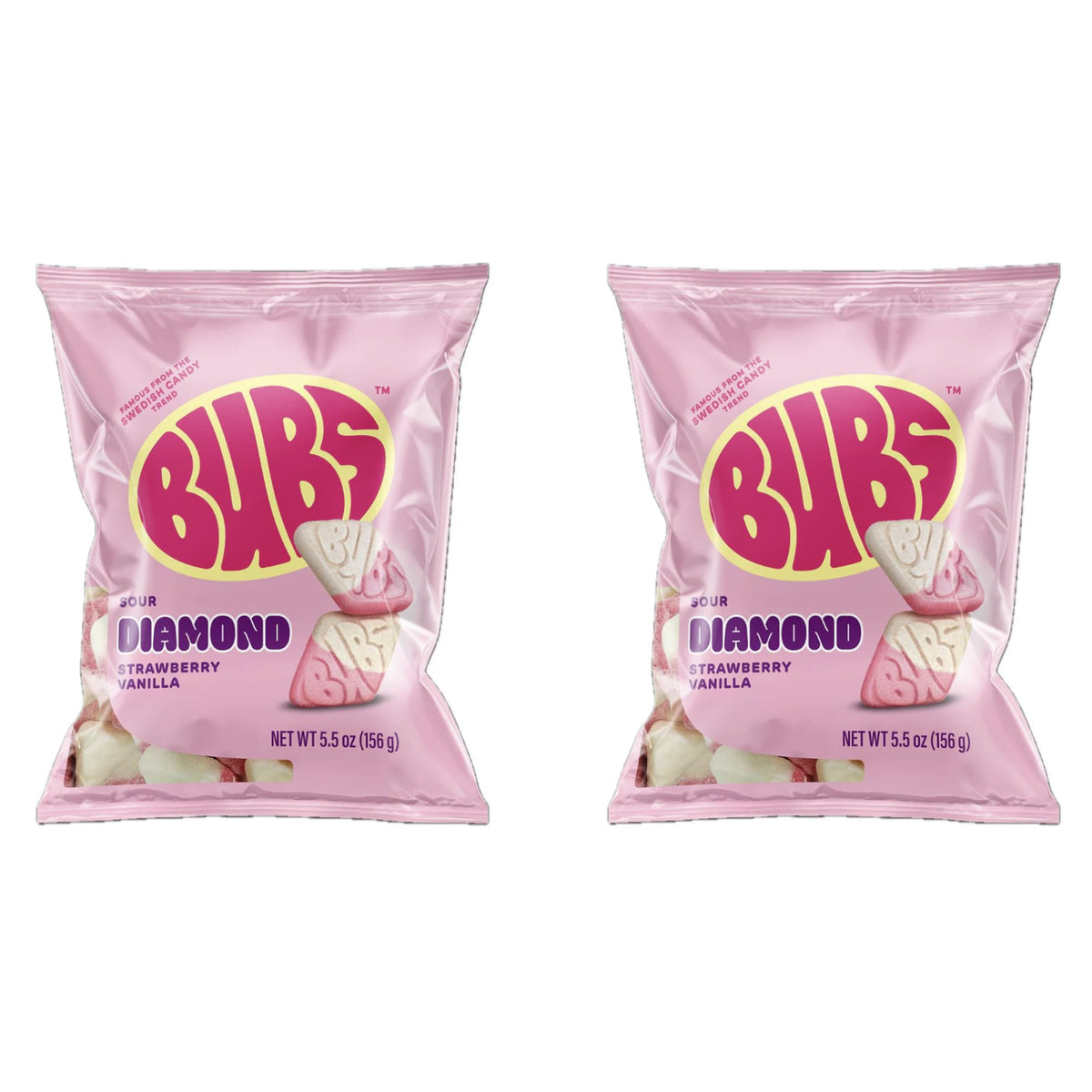 BUBS Sour Strawberry Vanilla Diamond candies in a two-pack, vegan and allergen-free