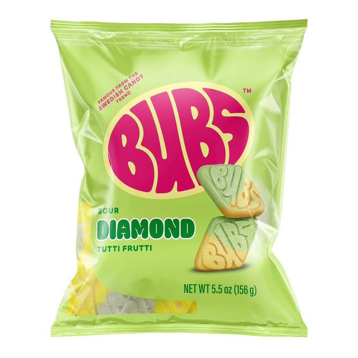 BUBS Sour Tutti Frutti Diamond Foam two-pack shown, vegan and allergen-free candy for sharing