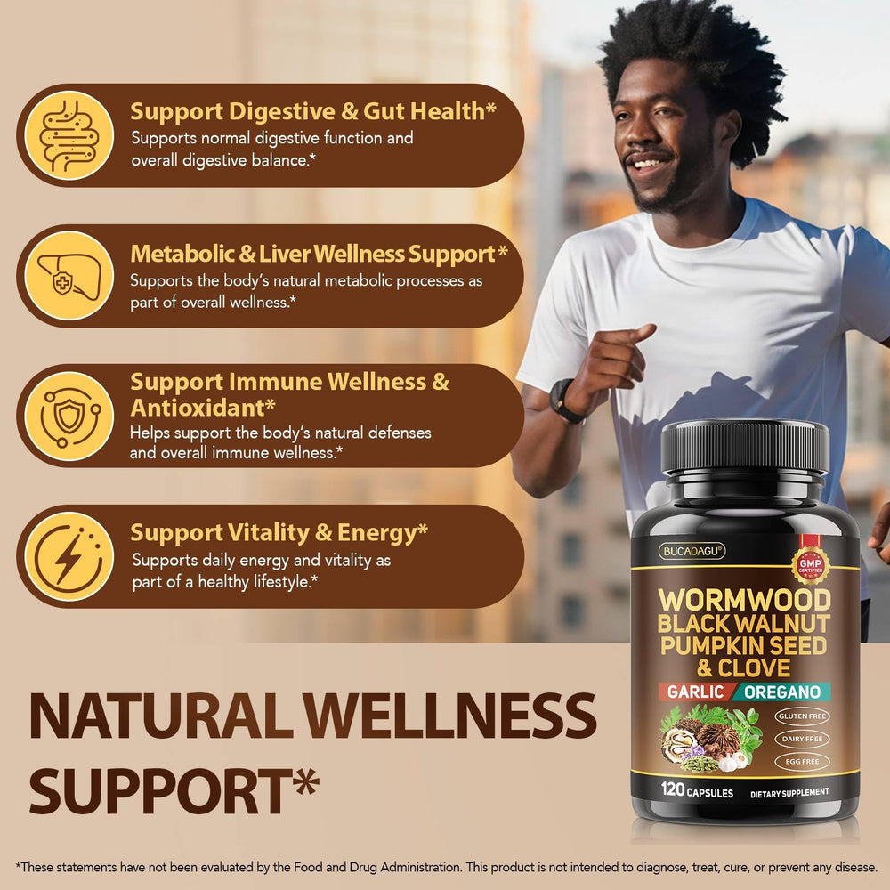 BUCAOAGU capsules close-up highlighting vegan, plant-based wellness.