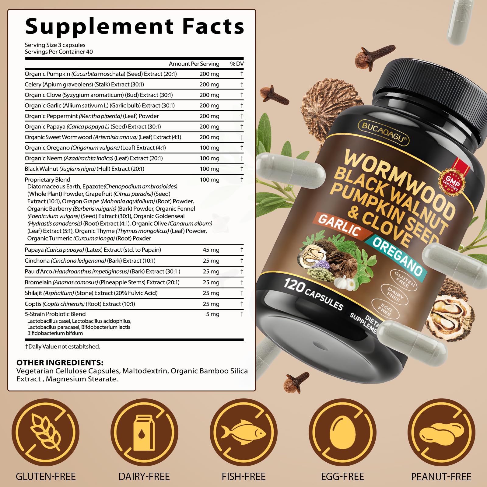 BUCAOAGU vegan label emphasizes pure, dairy-free capsules.