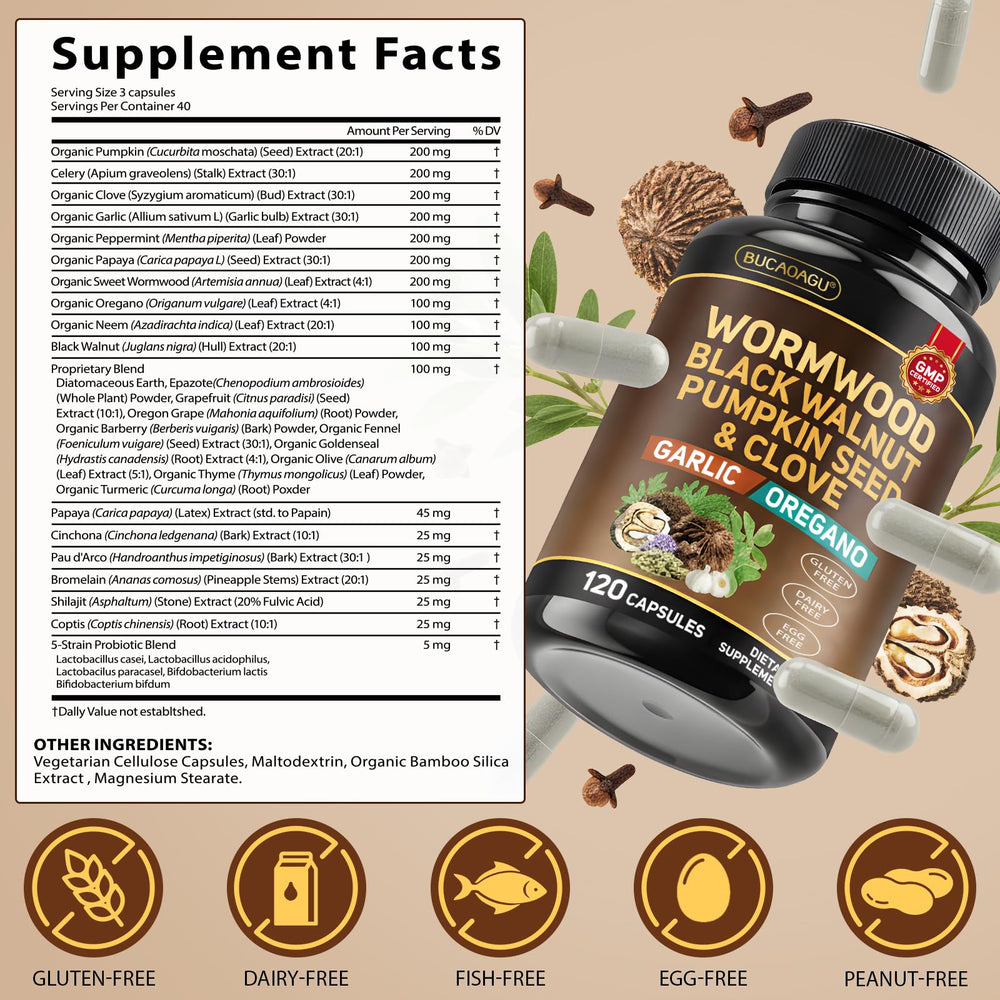 BUCAOAGU vegan label emphasizes pure, dairy-free capsules.