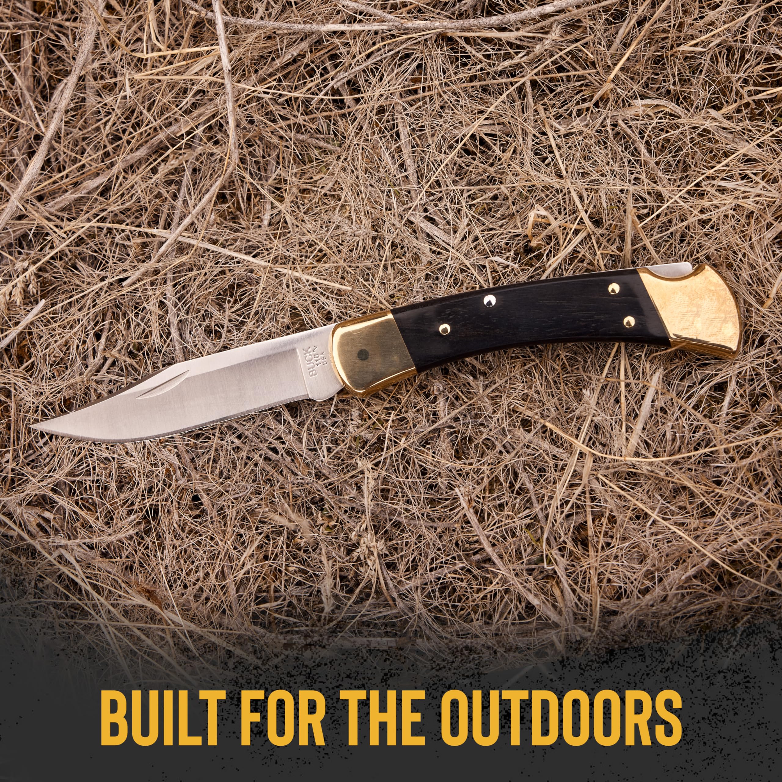 Buck Knives 110 Folding Hunter brass bolsters highlight craftsmanship and elegance