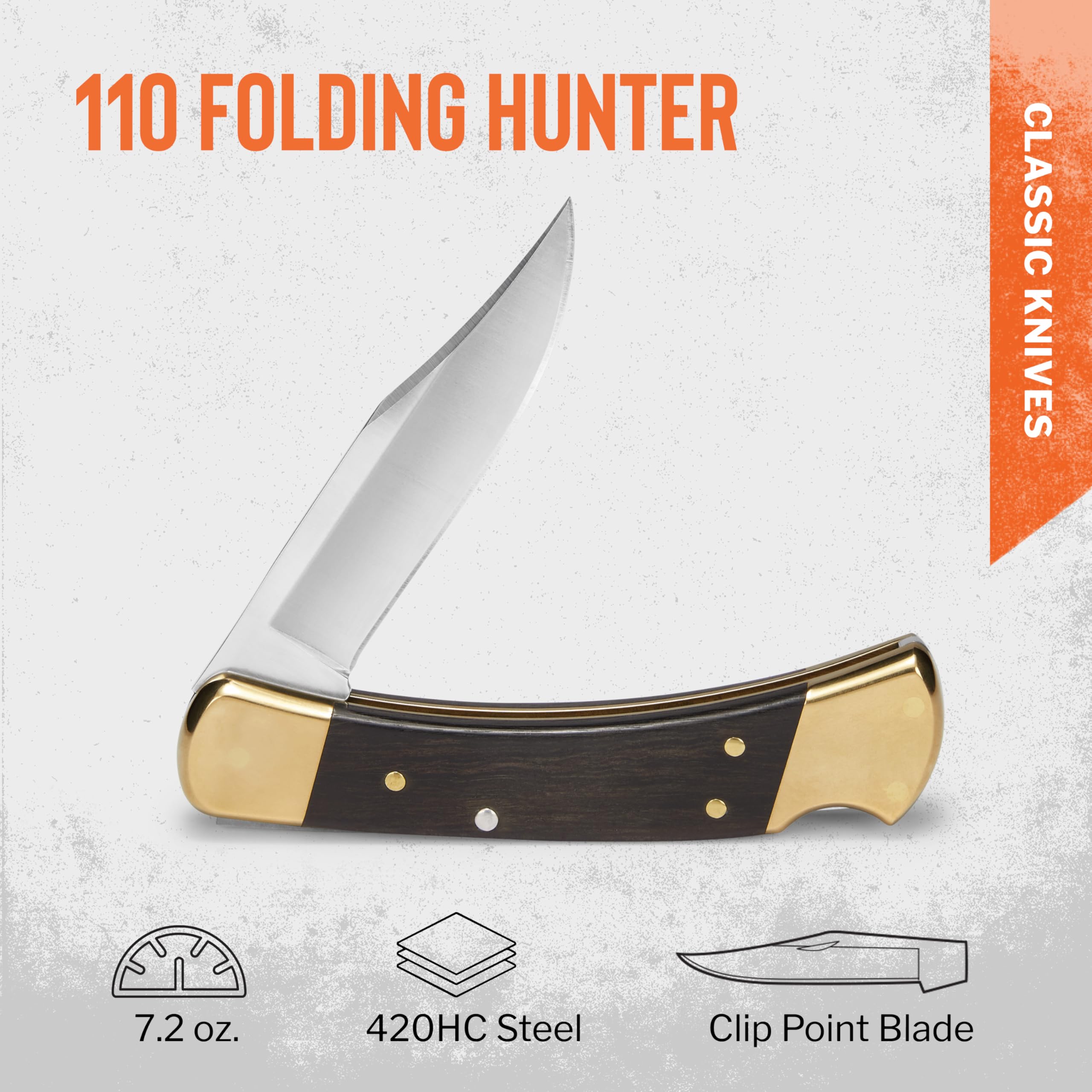 Buck Knives 110 Folding Hunter ebony handle with classic wood grain and comfortable grip