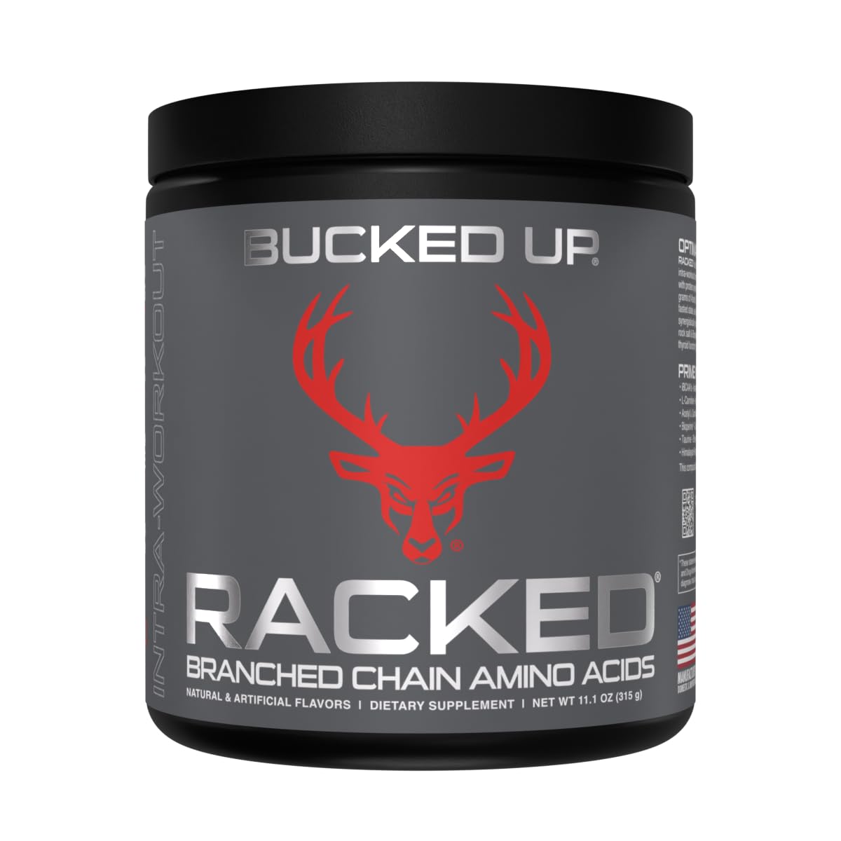 Bucked Up BCAA RACKED bottle label shows clean ingredients and plant-based sourcing for lean support.