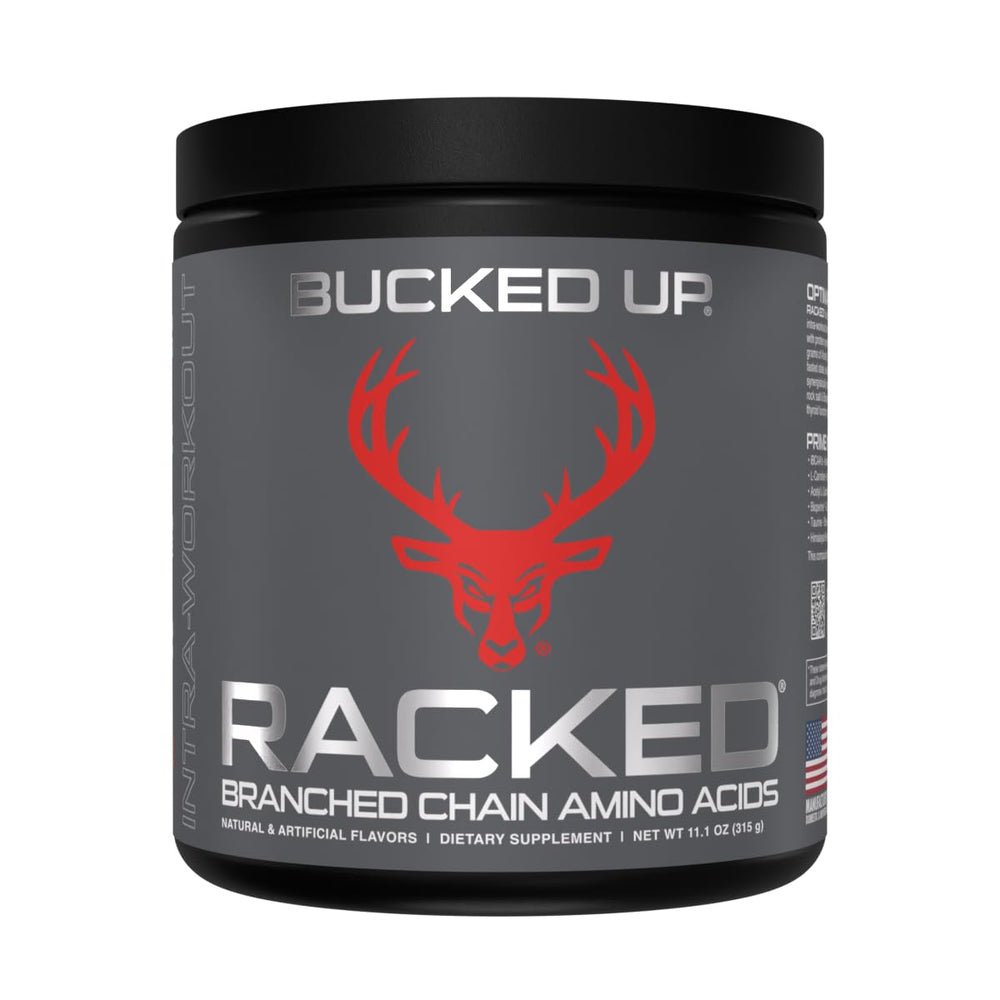 Bucked Up BCAA RACKED bottle label shows clean ingredients and plant-based sourcing for lean support.