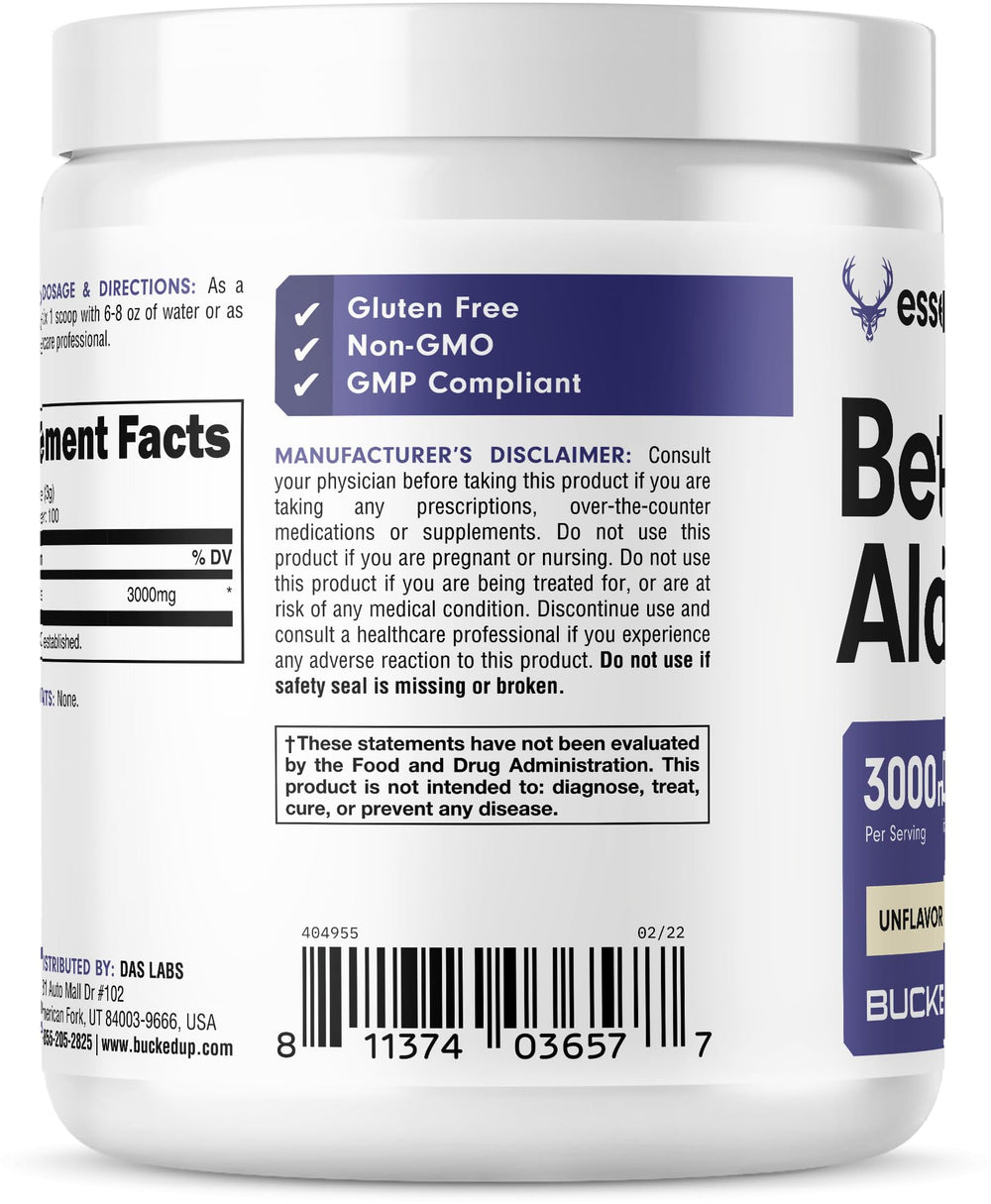 Bucked Up Beta Alanine powder unflavored bottle presenting neutral formulation.