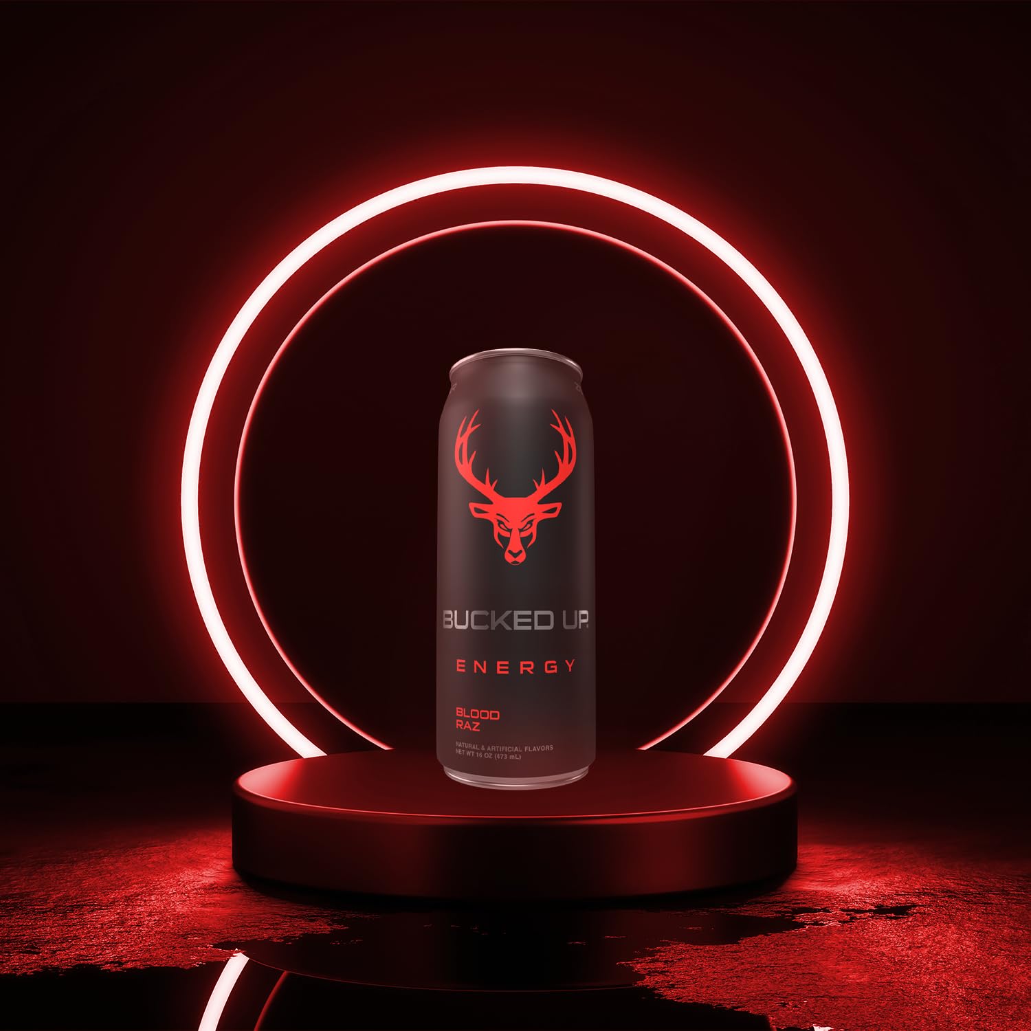 Bucked Up Blood Raz in fridge, chilled can for refreshed focus.
